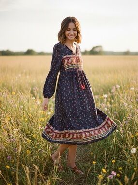 NWOT Expressions Boho Prairie Navy Midi Dress with Red Tassel Tie Medium
